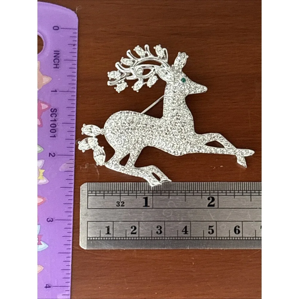 Vintage Nolan Miller Glamour Collection Crystal Pave Reindeer Pin Brooch Silver
